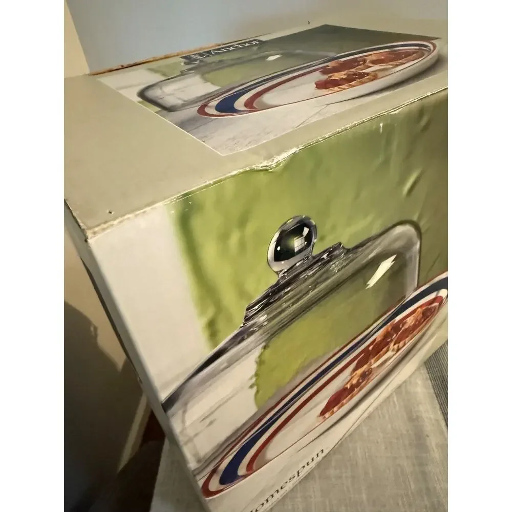 🇺🇸 Anchor Hocking Homespun 2-Piece Serving Set Red White Blue Glass Dome Plate